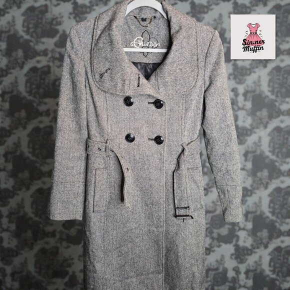 Vintage GUESS Tweed Trench Coat - Small, Double-Breasted & Belted - Like New - Picture 1 of 11